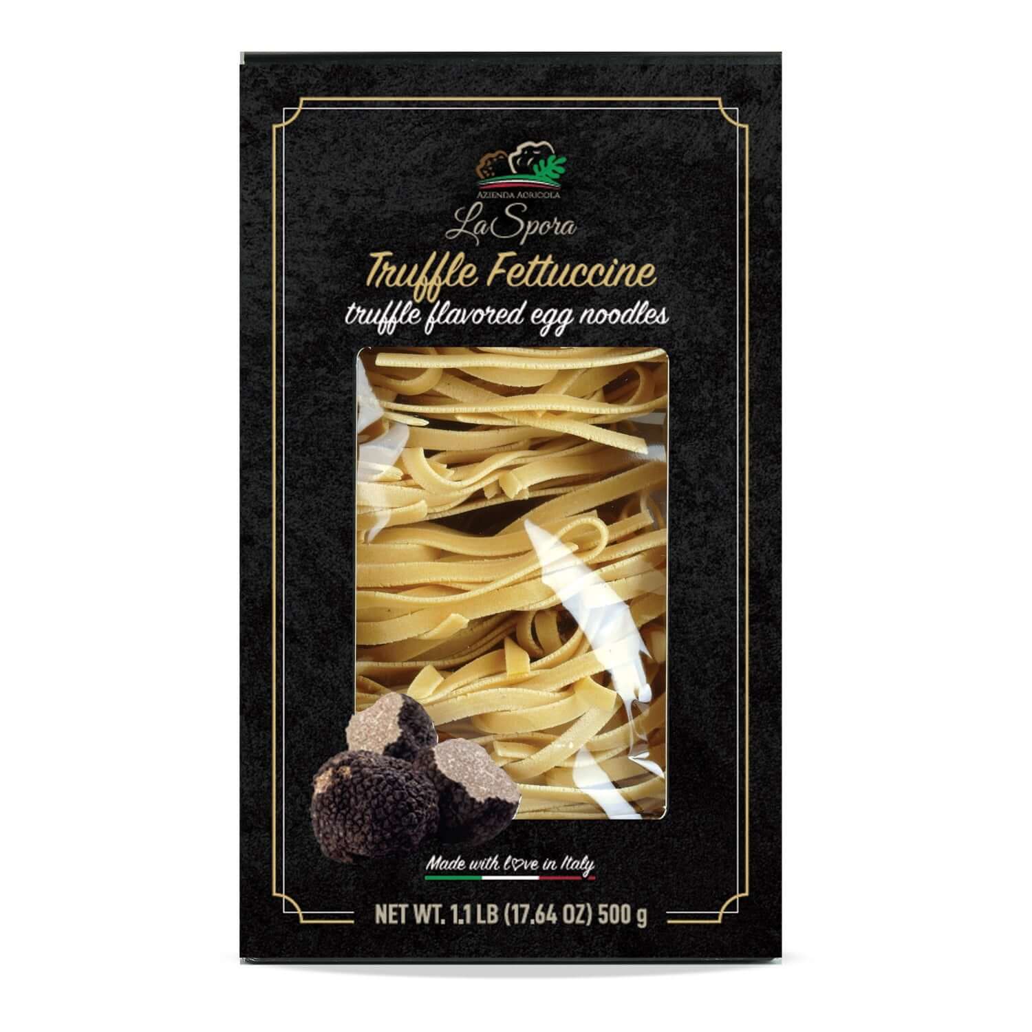 La Spora Truffle Fettuccine—Italian egg pasta ribbons infused with truffle aroma, ready for butter, mushrooms, and Parmigiano.